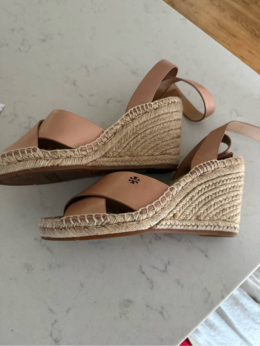 Tory Burch Blush Leather Espadrille Wedge Sandals. Never worn